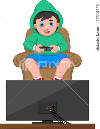 boy playing video games on white background 96319606