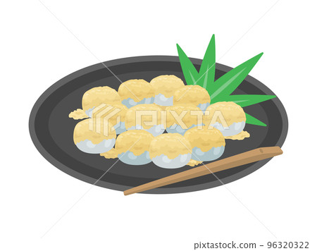 Illustration of soybean flour and warabi mochi served on a plate 96320322