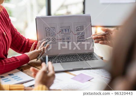 Group of ux developer and ui designer brainstorming about app interface design at modern office. Creative digital development agency 96320443