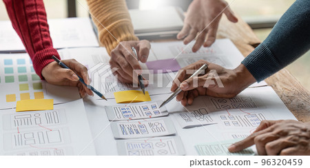 Group of ux developer and ui designer brainstorming about app interface design at modern office. Creative digital development agency 96320459