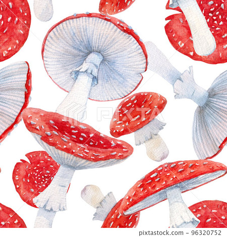 Beautiful seamless pattern with hand drawn watercolor forest amanita mushroom. Stock illustration. 96320752