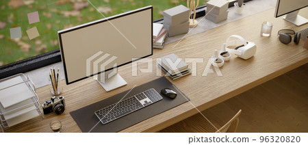 Modern office desk workspace with computer mockup, office supplies and decor on wood table 96320820