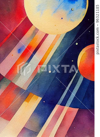 Hand drawn trendy watercolor sky pattern. Collage contemporary print with watercolor geometric planet pattern with sun, modern art, abstraction texture. Artistic vertical template for design. Hand drawn trendy watercolor sky pattern. Collage contemporary print with watercolor geometric planet pattern with sun, modern art, abstraction texture. Artistic vertical template for design. 96321185