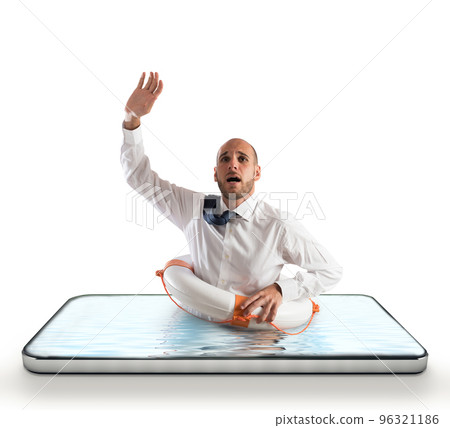 Businessman with lifebelt risks drowning on the screen of a smartphone Businessman with lifebelt risks drowning on the screen of a smartphone 96321186
