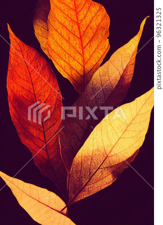 Hand drawn abstract decorative plant leaves pattern. Collage contemporary print with colorful plant leaves pattern, autumn mood, fall season, tropical foliage. Artistic vertical template for design. 96321325