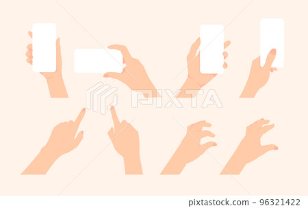 Illustration set of hand holding smartphone (click, tap, pinch) / design space in smartphone screen Illustration set of hand holding smartphone (click, tap, pinch) / design space in smartphone screen 96321422