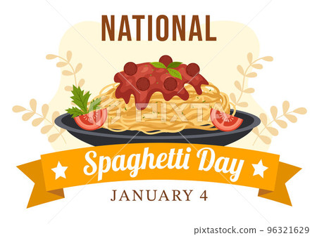 National Spaghetti Day on 4th January with a Plate of Italian Noodles or Pasta Different Dishes in Flat Cartoon Hand Drawn Template Illustration 96321629