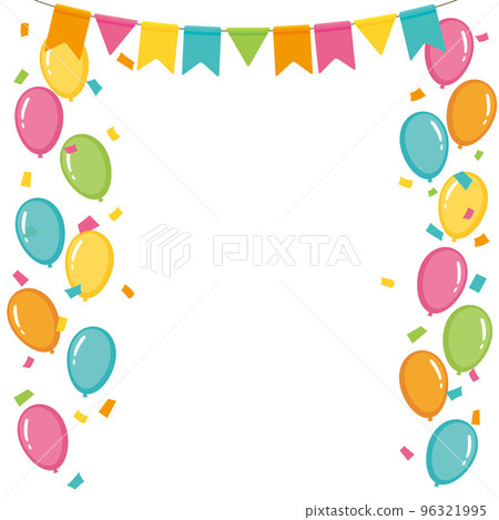 Colorful party flags and balloons confetti background Colorful party flags and balloons confetti background 96321995