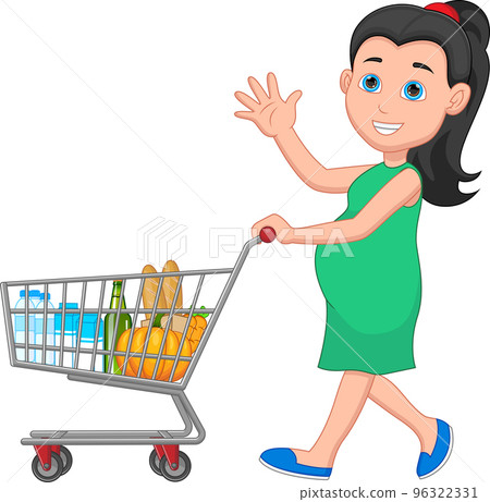 pregnant young mother carrying groceries in shopping trolley 96322331