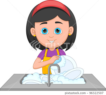 little girl washing dishes on white background 96322507