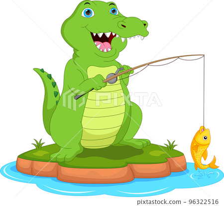 cartoon cute crocodile fishing on white background 96322516