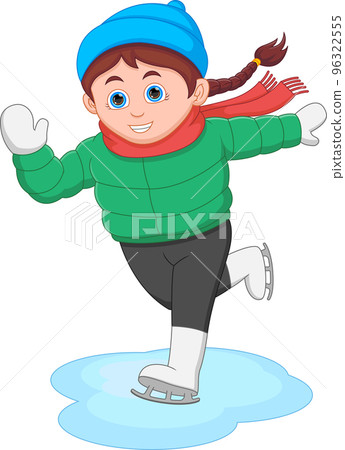cute girl playing ice skating on white background 96322555