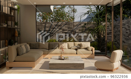 Modern contemporary and comfortable home living room with outdoor garden and fish pond 96322936