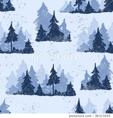 Hand drawn blue winter mountain forest seamless pattern. Wood woodland landscape scenery wild camping hiking tourism, pine fir conifer tree background, outdoor season snow snowfall. 96323044
