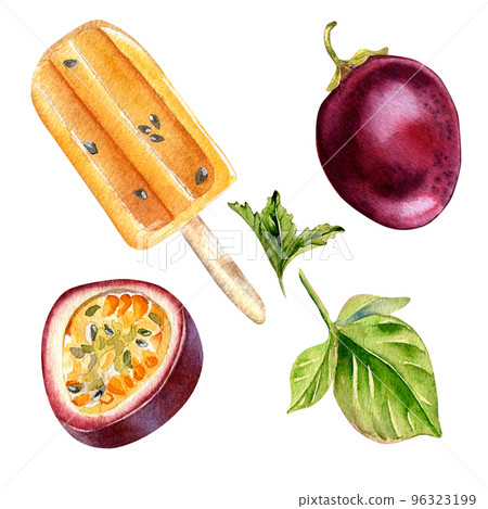 Set of passion fruit ice cream watercolor illustration isolated on white. Set of passion fruit ice cream watercolor illustration isolated on white. 96323199