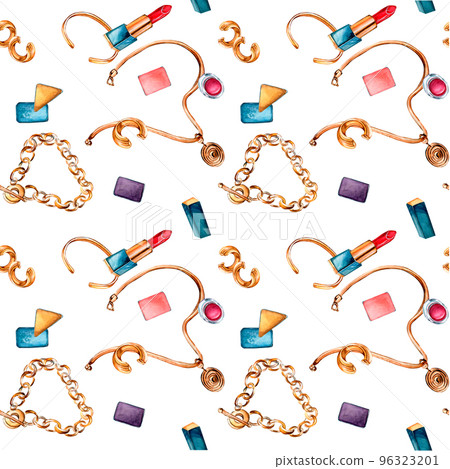 Femal accessories with chain, rouge watercolor seamless pattern isolated on white. Femal accessories with chain, rouge watercolor seamless pattern isolated on white. 96323201