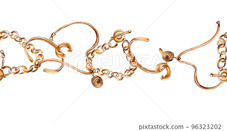 Seamless board of golden bracelet, chaintet, earrings watercolor illustration isolated on white. Seamless board of golden bracelet, chaintet, earrings watercolor illustration isolated on white. 96323202