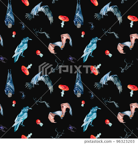 Fly agaric mushroom and bat, crow watercolor seamless pattern isolated on dark. Fly agaric mushroom and bat, crow watercolor seamless pattern isolated on dark. 96323203