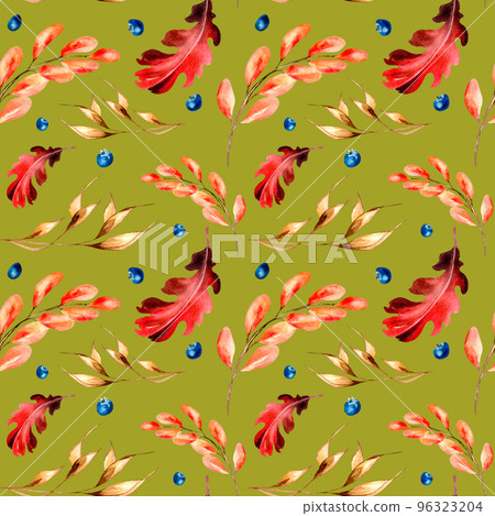 Bright autumn red leaves and spikelet watercolor seamless pattern on green. Bright autumn red leaves and spikelet watercolor seamless pattern on green. 96323204