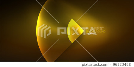 Shiny neon geometric abstract background. Glowing lights on round shapes, triangles and circles. Wallpaper for concept of AI technology, blockchain, communication, 5G, science, business Shiny neon geometric abstract background. Glowing lights on round shapes, triangles and circles. Wallpaper for concept of AI technology, blockchain, communication, 5G, science, business 96323498