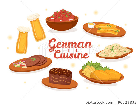German Food Restaurant with Collection of Delicious Cuisine Traditional and Drinks in Flat Cartoon Hand Drawn Templates Illustration 96323832