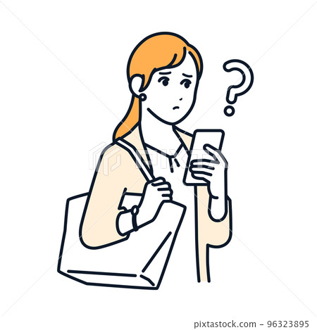 Simple vector illustration material of a business woman who is worried about looking at her smartphone 96323895
