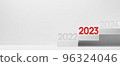 Illustration of three-dimensional numbers representing the year 2023 lined up on the stairs 96324046