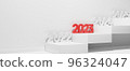 Illustration of three-dimensional numbers representing the year 2023 lined up on the stairs 96324047