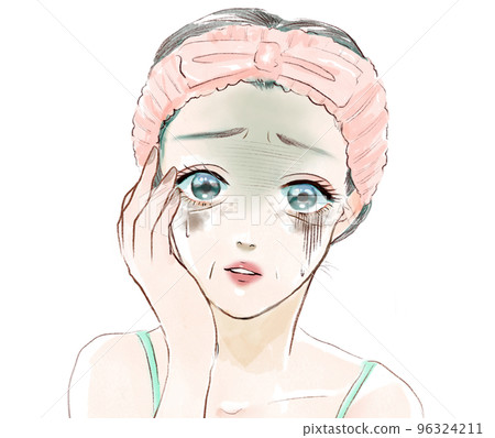 Watercolor style color cartoon illustration of a woman in her thirties who is afraid of skin troubles, aging skin spots, wrinkles and dullness Watercolor style color cartoon illustration of a woman in her thirties who is afraid of skin troubles, aging skin spots, wrinkles and dullness 96324211