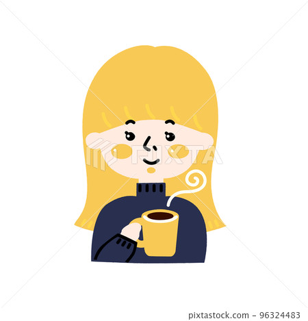 Illustration of a blonde woman holding a coffee cup Illustration of a blonde woman holding a coffee cup 96324483