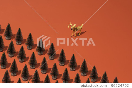 Fashionable abstract Christmas pattern on a red background a deer stands in front of the forest Fashionable abstract Christmas pattern on a red background a deer stands in front of the forest 96324702