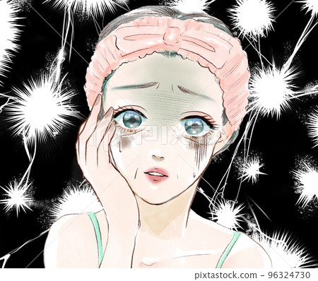 Watercolor-style color cartoon illustration of a woman in her late twenties who is afraid of skin troubles, aging skin spots, wrinkles, and dullness, and a lightning bolt on her back 96324730