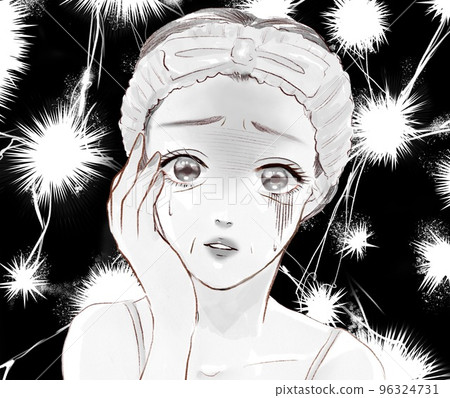 Watercolor-style monochrome cartoon illustration of a woman in her late twenties who is afraid of skin troubles, aging skin spots, wrinkles, and dullness, and a lightning bolt 96324731