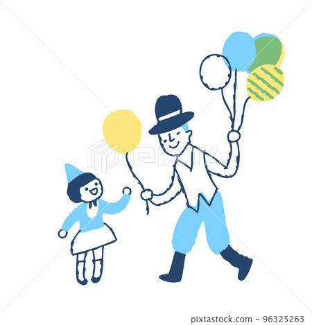 Street performer man handing a balloon to a girl Street performer man handing a balloon to a girl 96325263