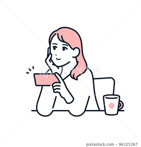 Simple vector illustration material of a young woman watching videos on a smartphone Simple vector illustration material of a young woman watching videos on a smartphone 96325367
