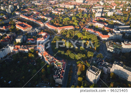 Bird eye view of residential buildings in city. Aerial view of Wroclaw cityscape in Poland. Architecture in modern Europe city 96325405