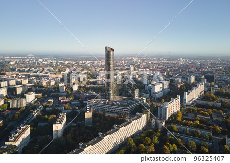 Wroclaw city panorama. Aerial view of modern european city with residential districts and street at summer morning Wroclaw city panorama. Aerial view of modern european city with residential districts and street at summer morning 96325407