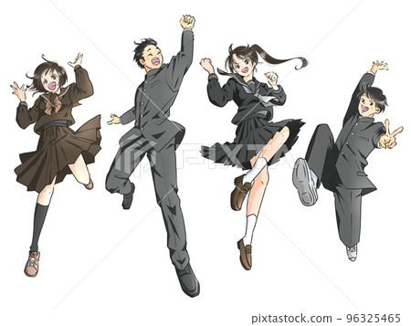 Male and female students jumping in winter clothes Male and female students jumping in winter clothes 96325465