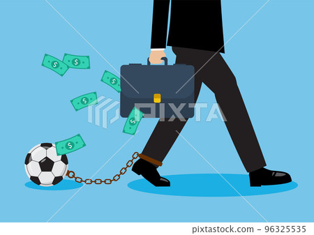 Businessman holding money bag with football weight burden Businessman holding money bag with football weight burden 96325535