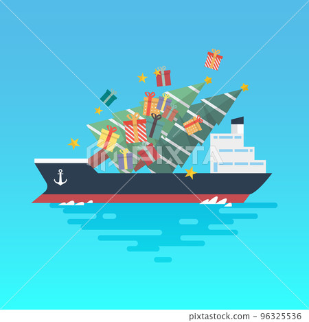 Container cargo ship with christmas tree and gift boxes 96325536