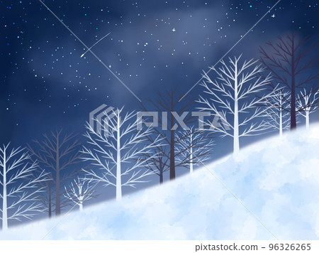 Watercolor illustration of snowy mountains and starry sky Fantastic winter scenery Watercolor illustration of snowy mountains and starry sky Fantastic winter scenery 96326265