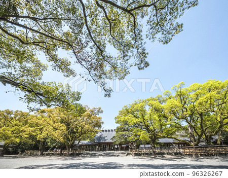 View of Atsuta Jingu Main Shrine through fresh green trees 96326267