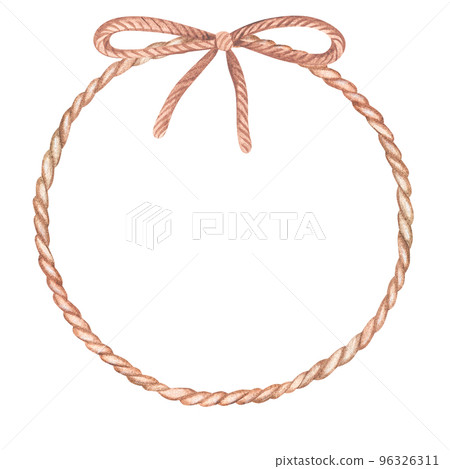 Round rope wreath with a bow. Place for text or inscription. Watercolor illustration. Isolated on a white background. For design sticker, labels, logos, postcards 96326311