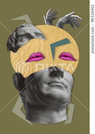 Collage with human face of antique sculpture in dadaism style. Contemporary art poster with ancient statue head. Funky design. Item for ad, flyer, sale, magazine, leaflet, billboard, music album. Collage with human face of antique sculpture in dadaism style. Contemporary art poster with ancient statue head. Funky design. Item for ad, flyer, sale, magazine, leaflet, billboard, music album. 96326402