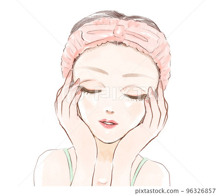 A color cartoon-style illustration of a woman in her 20s who permeates lotion while being enchanted by her proud skin and a white background A color cartoon-style illustration of a woman in her 20s who permeates lotion while being enchanted by her proud skin and a white background 96326857