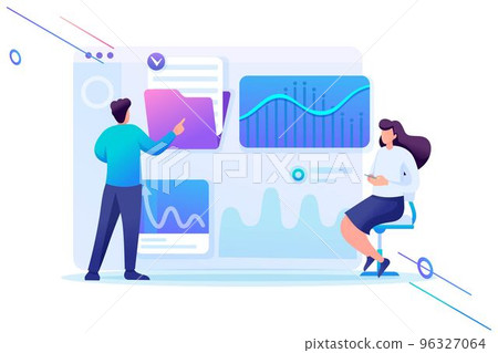 Young entrepreneurs testing statistical analysis tools on a tablet. Flat 2D character. Concept for web design 96327064