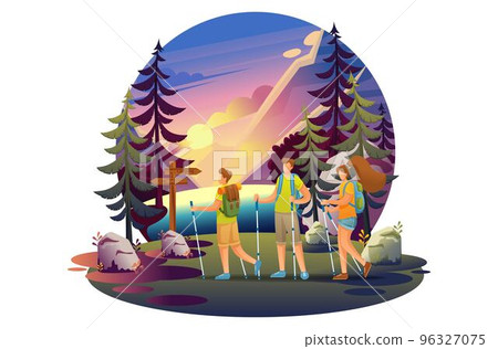 Bright illustration of a campsite, young people walking in the woods. Flat 2D characters. Concept for web design 96327075