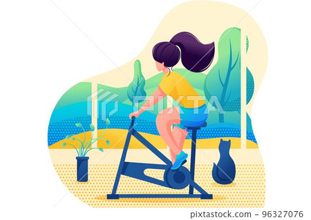 Young girl plays sports at home. Home training. Flat 2D character. Concept for web design 96327076