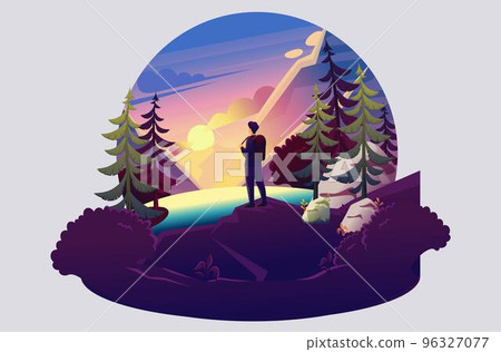 Bright illustration of a young man on the background of the sunset, camping, sightseeing. Flat 2D character. Concept for web design 96327077