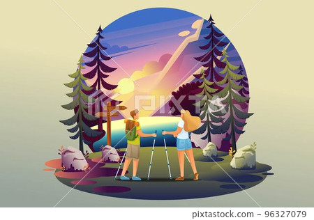 Bright illustration of camping, young people walking in the woods, Nordic walking. Flat 2D characters 96327079